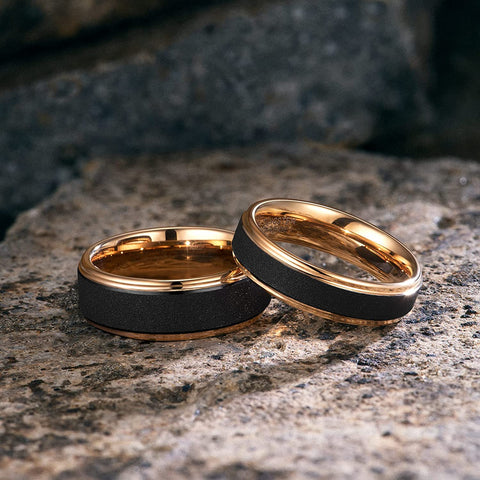 TRUMIUM 6mm 8mm Tungsten Rings for Men Women Sand Blast Finish Gold Wedding Band Ring Beveled Edge Comfort Fit Size 5-13