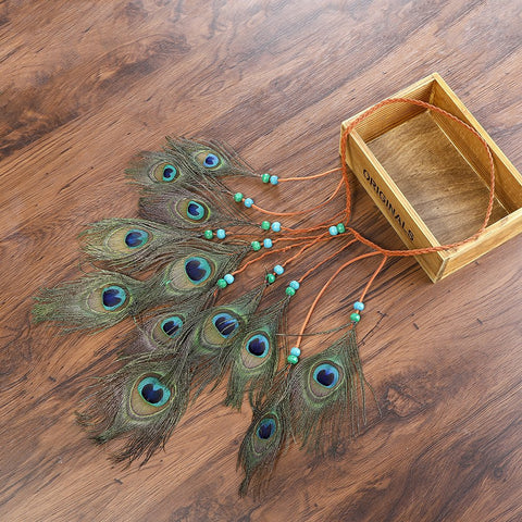 Peacock Feather Hippie Headband Accessories - AWAYTR Bohemia Tribal Indian Hippie Headpiece Braided Beads Headwear Festival Hair Decoration (All peacock)