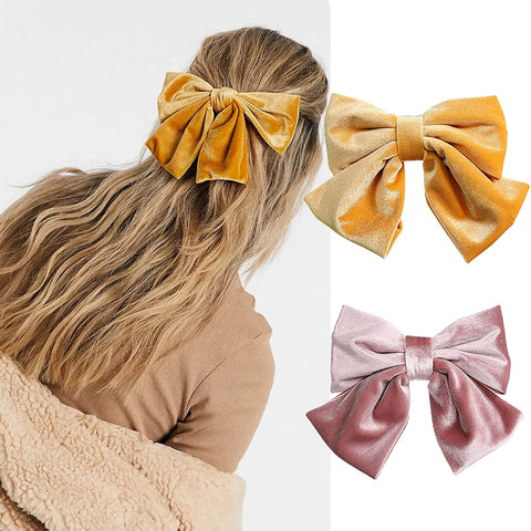 Velvet Bow Barrettes Hair Clips - AWAYTR 2 Packs Flower Elastic Big Hair Bow for Women Wedding Party (yellow+pink)