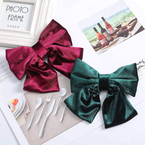 Velvet Bow Barrettes Hair Clips - AWAYTR 2 Packs Flower Elastic Big Hair Bow for Women Wedding Party (wine red+black)
