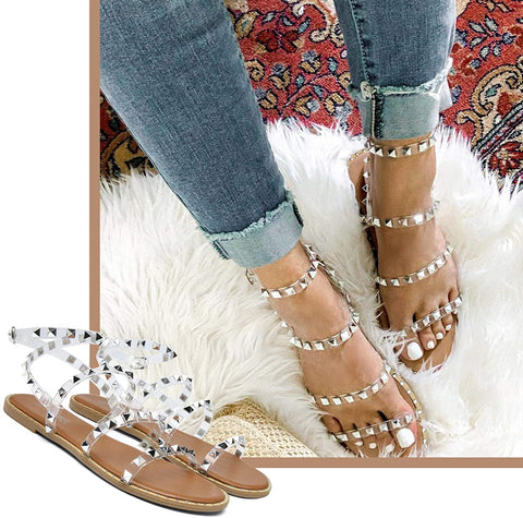 Katliu Women's Flat Sandals Strappy Studded Sandals Gladiator Sandals with Ankle Strap