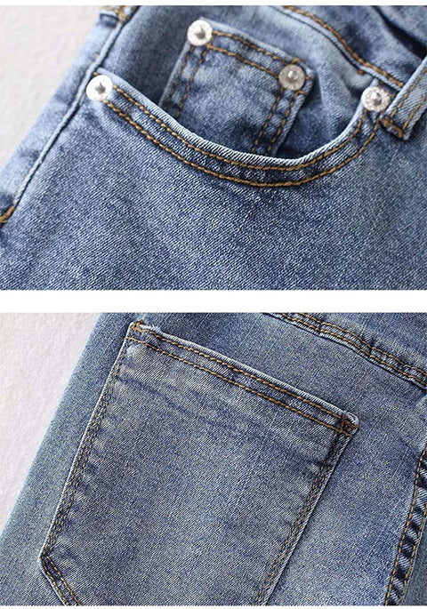 Women's Fashion Knee Cut Denim Pants Casual Ripped Holes Straight Leg Long Jeans