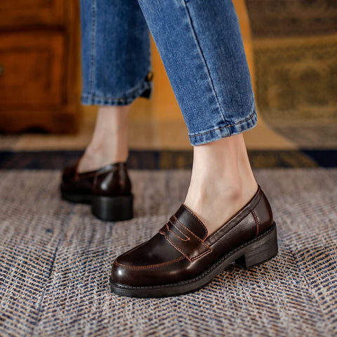 KANGFEINI Women's Apartment Wide Loafers Brown Work high Heel Platform Dress Shoes