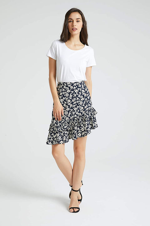 Womens A Line Chiffon Print Pleated Midi Skirt High and Low Hem