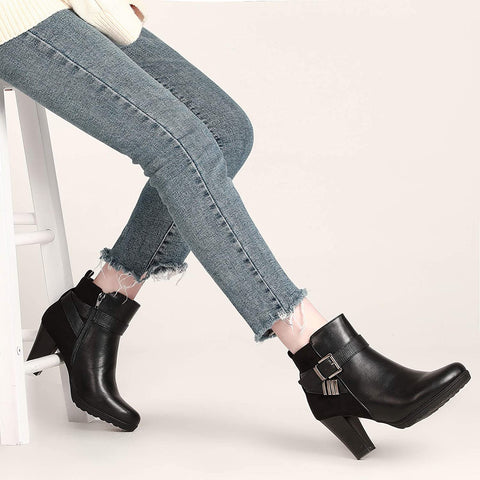 mysoft Women's Zipper Bootie Chunky Stacked Heel Ankle Boots Buckle Strap Ankle