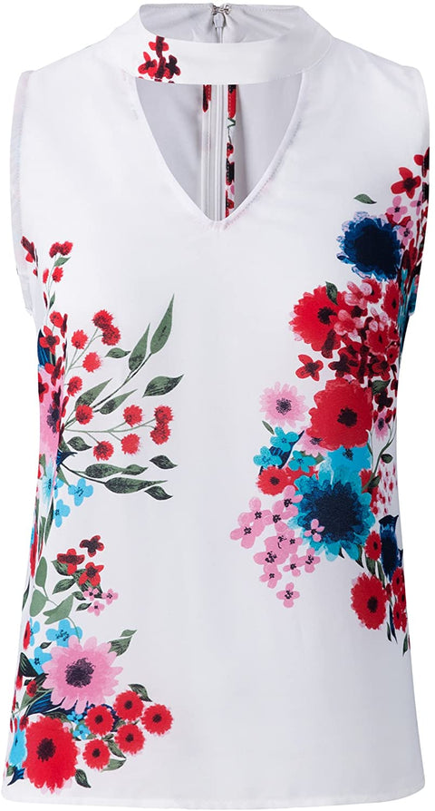 Womens V Neck Wraps Sleeveless Shirt Floral Print Tunic Tank Top