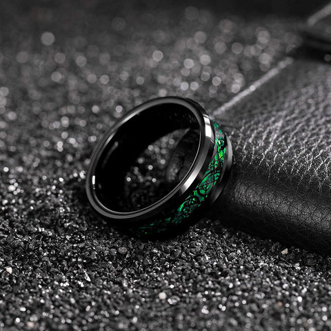 TRUMIUM 8mm Tungsten Ring for Men Celtic Dragon Inlay Red/ Green Mens Wedding Bands Comfort Fit Size 7-13