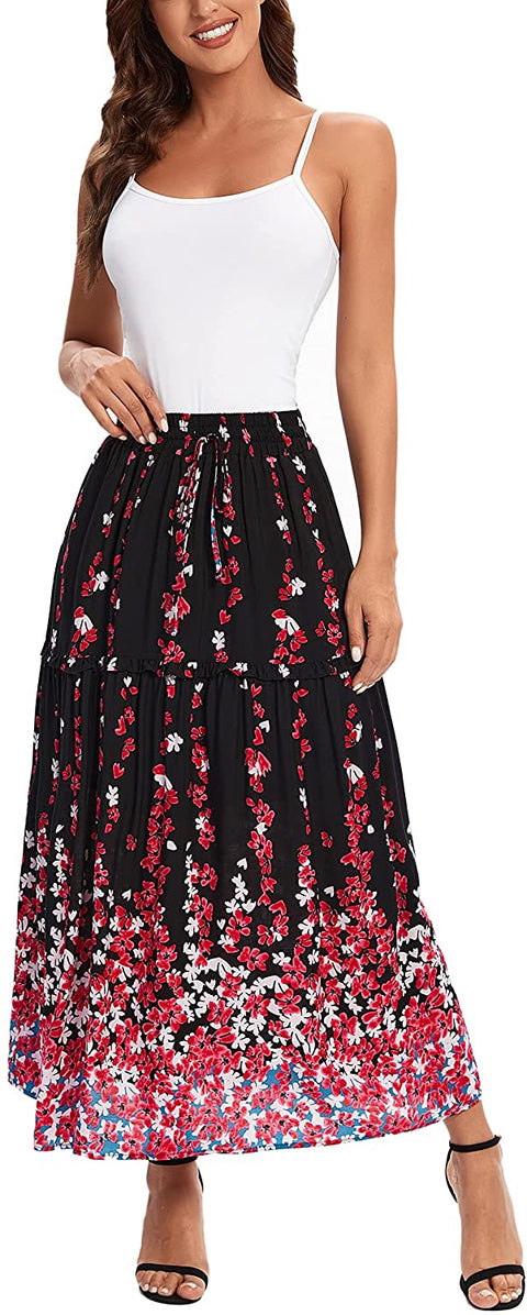 Women's Casual Elastic Waist Floral Print Pleated Maxi Skirt with Pocket