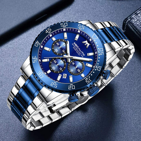 MEGALITH Mens Watches with Stainless Steel Waterproof Analog Quartz Fashion Business Chronograph Watch for Men, Auto Date