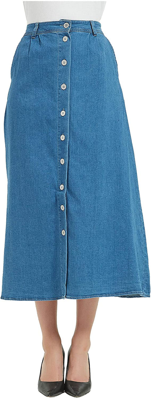 Womens A Line Long Midi Denim Skirt with Button Front