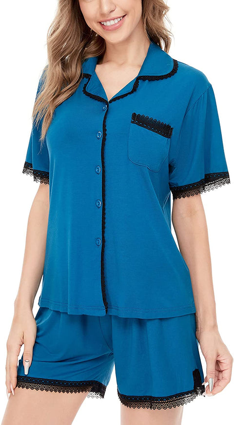 Women's Pajamas Set, Short Sleeve Sleepwear Lace Hem Pj Lounge Sets Nightwear Pajamas for Women S-XL