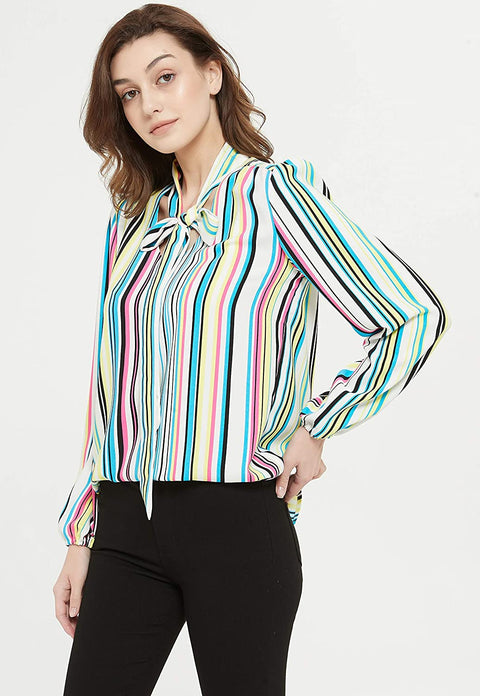 Womens V Neck with Straps Crepe Long Sleeves Blouse Stripe Shirt