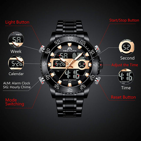 MEGALITH Men Watch Waterproof Stainless Steel Led Analog Digital Watches for Men Male Day Date Stopwatch Heavy Metal Alarm Sport Watch Gent Outdoor Military Luminous Big Wrist Watches with Backlight