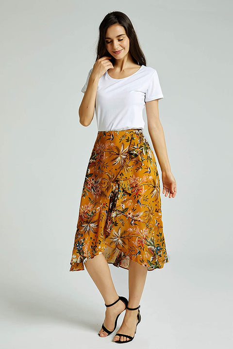 Womens A Line Floral Print Midi Skirt with Ruffle on The Front