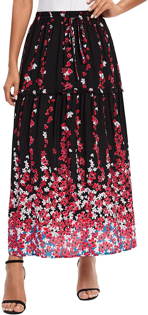Women's Casual Elastic Waist Floral Print Pleated Maxi Skirt with Pocket