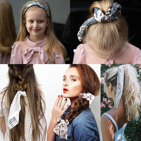 AWAYTR Chiffon Ponytail Hair Scarf Scrunchies - 4 Packs Flower Cashew Leopard Ripple Point Elastic Hair Ties Bow for Women (Skin + Black + Green + red)