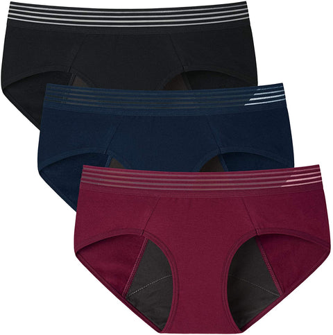 INNERSY Women's Period Underwear Absorbent for Light/Moderate/Heavy Flow 3-Pack(Black/Navy Blue/Claret,Large)