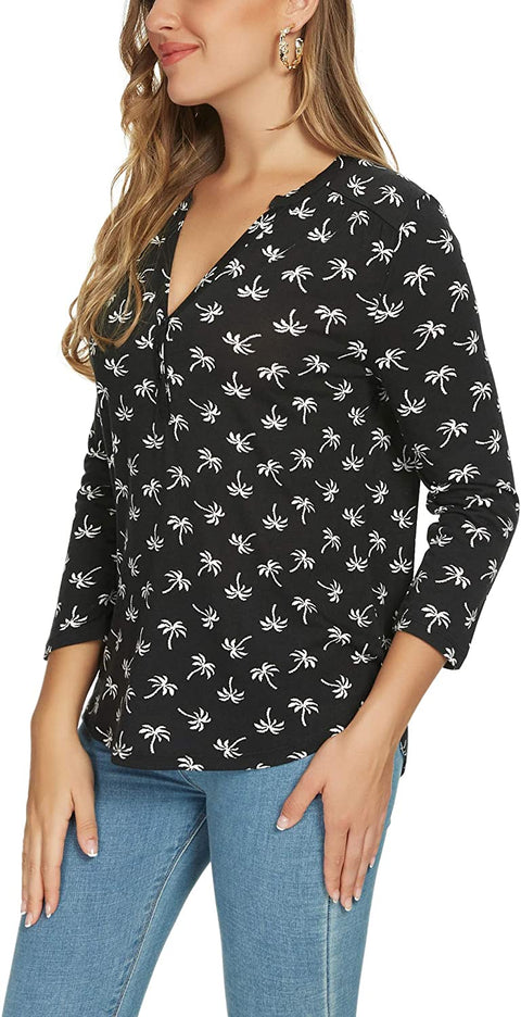 Women's 3/4 Sleeve Floral Print Shirts V Neck Button Up Blouse Tops