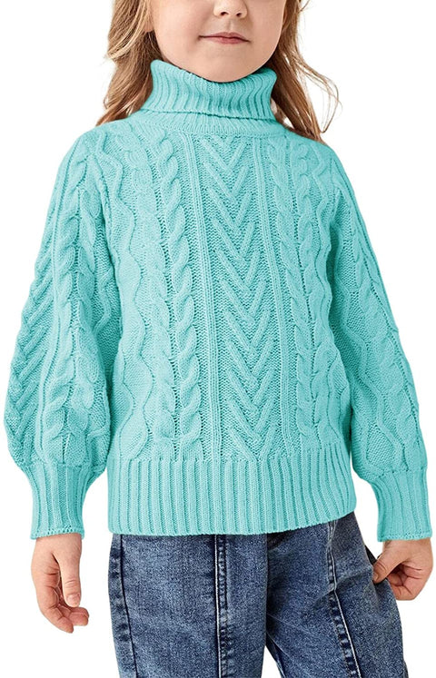 Girls Sweater Turtle Neck Puff Sleeve Chunky Cable Knit Kids Pullover Jumper Top