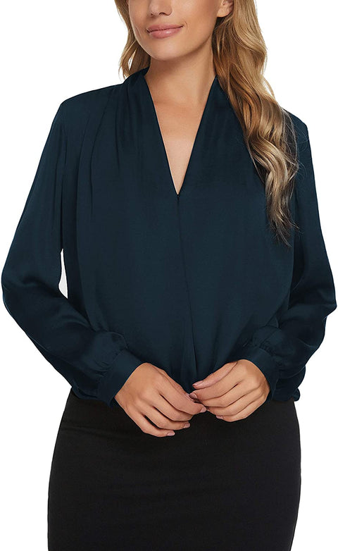 Women's Business Casual V-Neck Long Sleeve Wrap Blouse Solid Chiffon Shirts