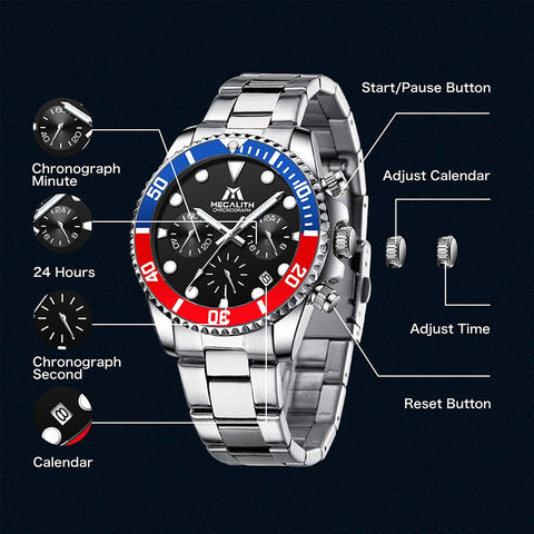 MEGALITH Mens Watches with Stainless Steel Waterproof Analog Quartz Fashion Business Chronograph Watch for Men, Auto Date