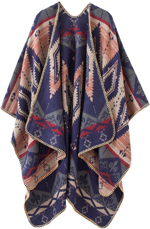 Women's Color Block Shawl Wrap Open Front Poncho Cape