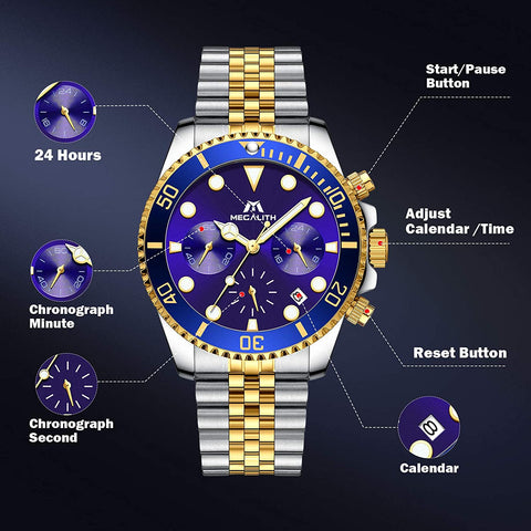 MEGALITH Men's Watch 41mm Stainless Steel Chronograph Waterproof Business Watch Analog Quartz Date Watches for Men Metal Luminous Multifunctional Casual Designer Gents Wrist Watches