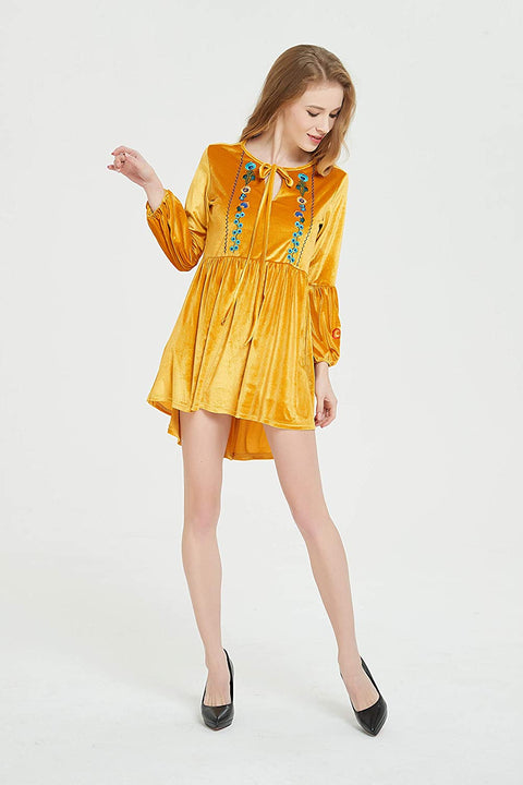 Womens Bohemian Velvet Dress with Embroidery, Elastic on The Waist and Sleeve Opening