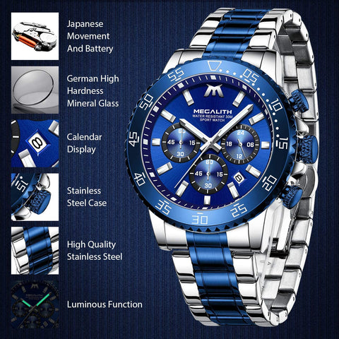 MEGALITH Mens Watches with Stainless Steel Waterproof Analog Quartz Fashion Business Chronograph Watch for Men, Auto Date