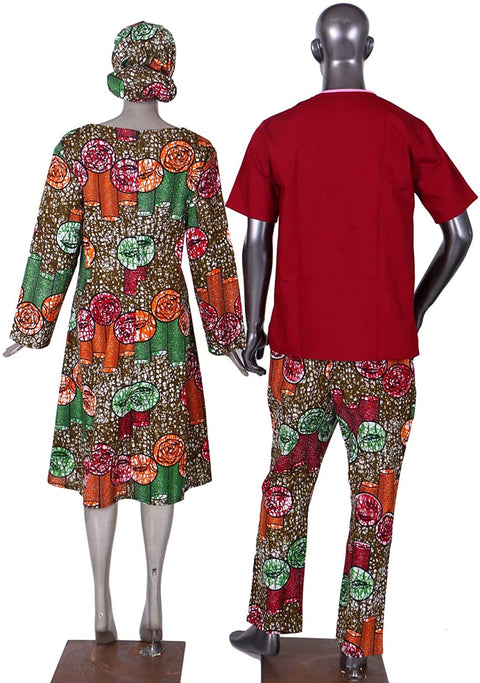 XIAOHUAGUA 2 Pieces Lovers Matching Long Sleeve Dresses with Headwrap for Womens Mens Pants Sets African Couple Wedding Clothes Red