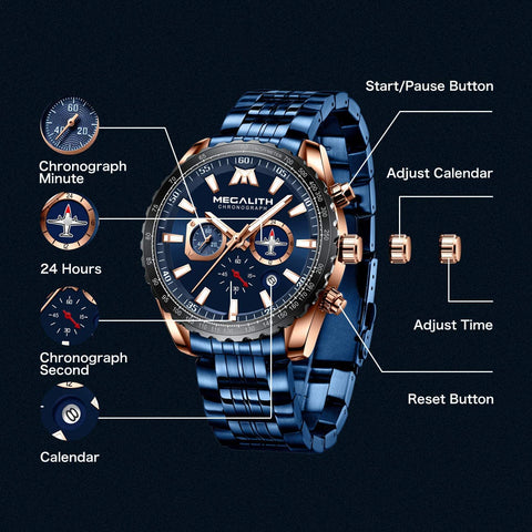 MEGALITH Mens Watches Chronograph Waterproof Watch Stainless Steel Watch Men Sports Military Watch Analog Quartz Date Calendar Luminous Watches for Man Business Gents Multifunctional Wrist Watch