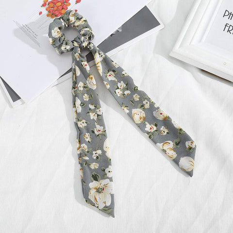 AWAYTR Chiffon Ponytail Hair Scarf Scrunchies - 4 Packs Flower Cashew Leopard Ripple Point Elastic Hair Ties Bow for Women (Bud(Blue+White+Black+Pink))