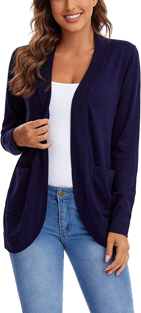 Womens' Long Sleeve Knit Sweater Cardigans Curved Hem Open Front with Pockets
