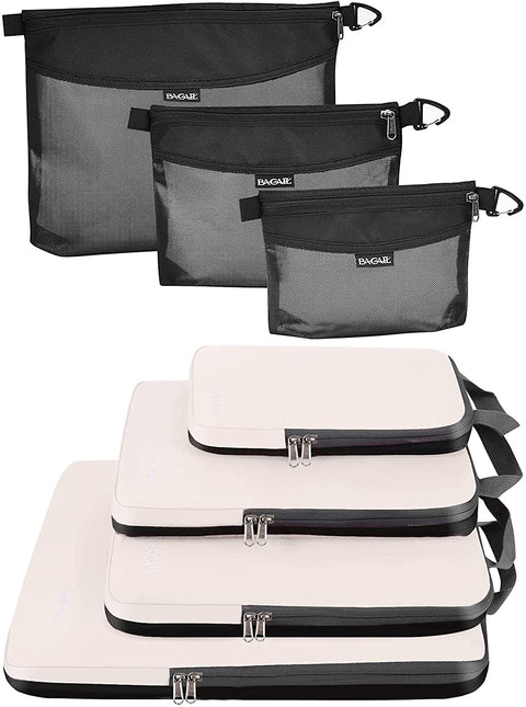 Bagail 4 Set Compression Packing Cubes+3 Ultra-light Water-resistant Zipper Pouch