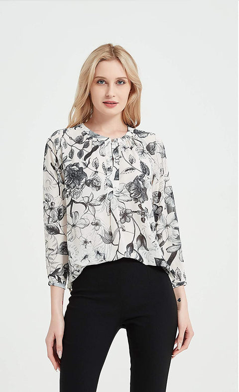 Womens Round Neck 3/4 Sleeves Print Tunic Shirt Blouse Tops