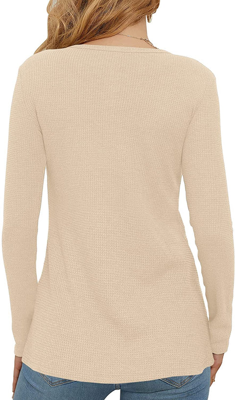 WNEEDU Women's Waffle Knit Tops Casual Long Sleeve Blouses Slim Fit Button Down V Neck Henley Shirts
