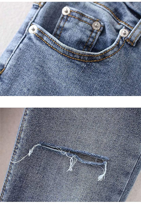 Women's Fashion Knee Cut Denim Pants Casual Ripped Holes Straight Leg Long Jeans