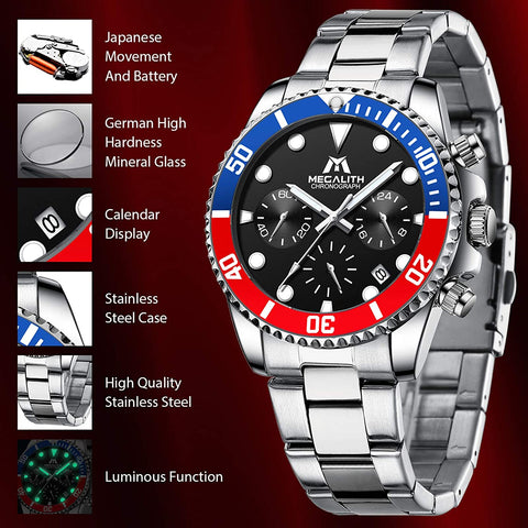 MEGALITH Mens Watches with Stainless Steel Waterproof Analog Quartz Fashion Business Chronograph Watch for Men, Auto Date