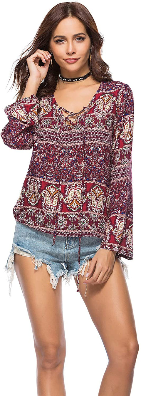 Womens Casual V Neck Viscose Paisley Print Tunics Top Shirt Blouse Tie on The Front