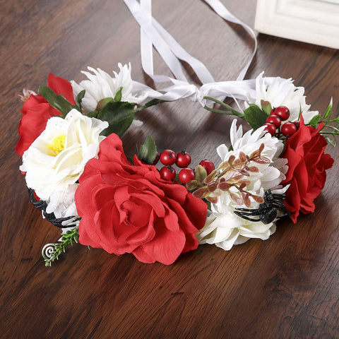 AWAYTR Halloween Spider Rose Flower Headband Leave Flower Adjustable Ribbon Headband Wedding Festival Headdress for Girls (White+red+Fake Spider)