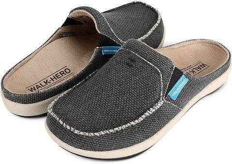 Womens Slippers with Arch Support - Canvas House Slipper for Women with Velvet Lining, Slip On Clog Mule Shoes Indoor Outdoor with Anti-Skid Rubber Sole