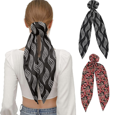 Women Silk Hair Bun Covers - 2Pcs Printed Silk Hair Scarves Elastic Hair Bun Cover Ballet Hair Snood for Women Girls Bun Cover with Riband
