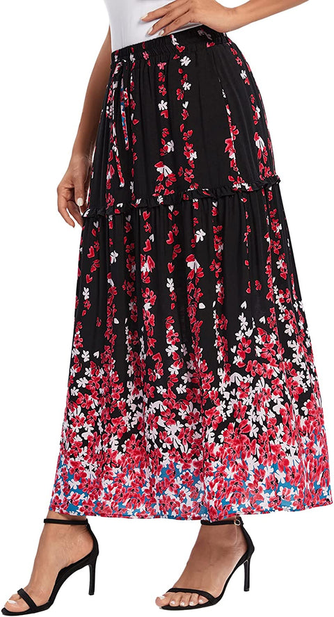 Women's Casual Elastic Waist Floral Print Pleated Maxi Skirt with Pocket