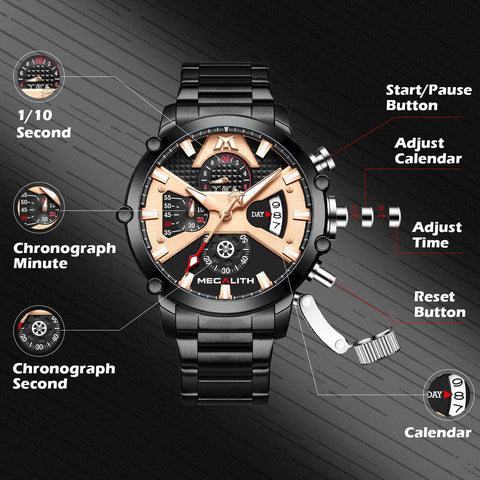 MEGALITH Men's Watch 45mm Stainless Steel Chronograph Waterproof Fashion Watch Analog Quartz Date Heavy Duty Watches for Men Metal Luminous Multifunctional Cool Designer Gents Wrist Watches