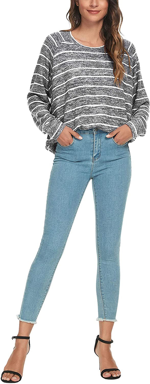 Women's Loose Casual Blouses Long Sleeve Knitted Striped Tunic Tops T-Shirts