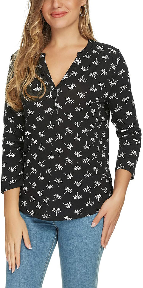 Women's 3/4 Sleeve Floral Print Shirts V Neck Button Up Blouse Tops
