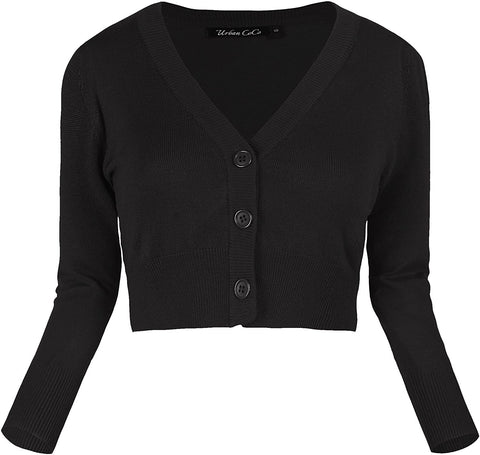 Women's Cropped Cardigan V-Neck Button Down Knitted Sweater 3/4 Sleeve