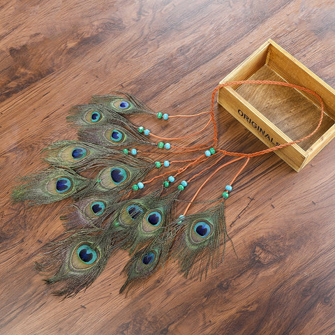 Peacock Feather Hippie Headband Accessories - AWAYTR Bohemia Tribal Indian Hippie Headpiece Braided Beads Headwear Festival Hair Decoration (All peacock)