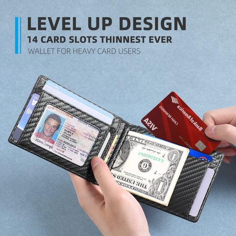 Zitahli RFID Wallet for Men, 14 Cards Slim Mens Wallet with Money Clip Front Pocket Wallet Bifold Leather Minimalist Credit Card Holder for Men with Gift Box and ID Window