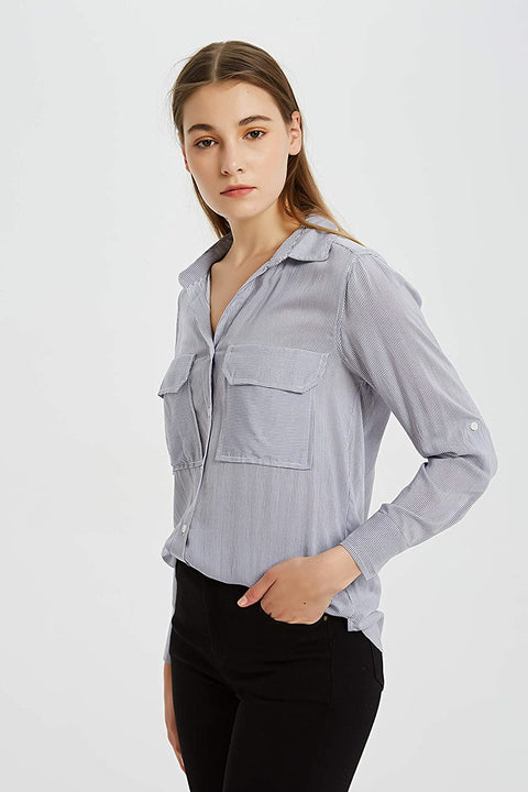 Womens Rayon Long Sleeves Blouse Stripe Shirt
